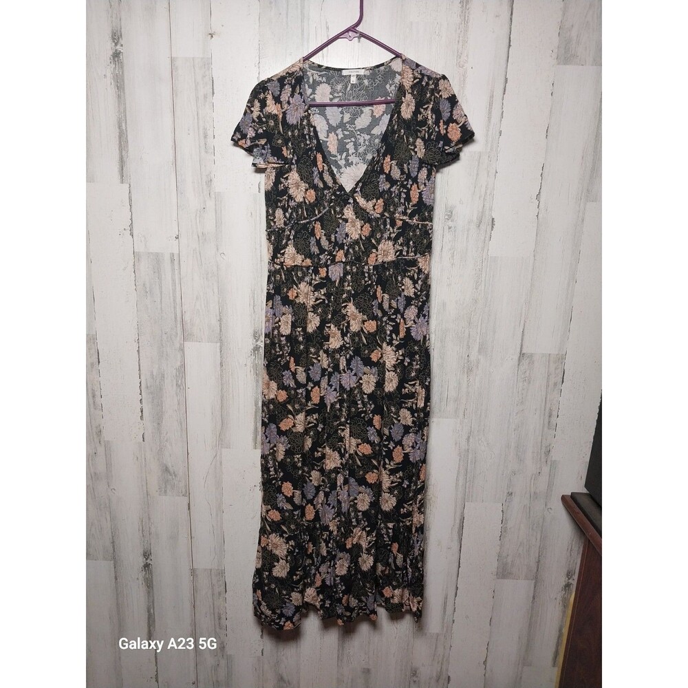 Maurices Black Floral Tiered V-Neck Midi Dress Short Flutter Sleeve Medium